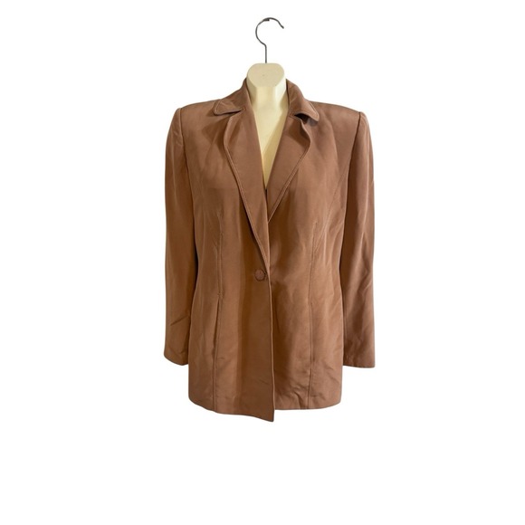 Kathrine Kelly 100% Silk LuxuryBlazer Jacket Coat  Brown Tan Soft Leather Look 8 - Picture 2 of 8